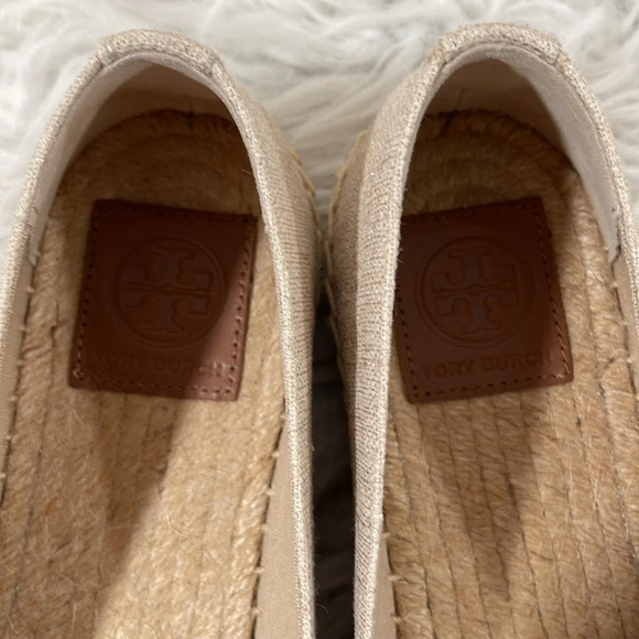 TORY BURCH WESTON FLAT ESPADRILLE METALLIC LINEN FABRIC CALF LEATHER SIZE 8 NEW - Picture 9 of 11